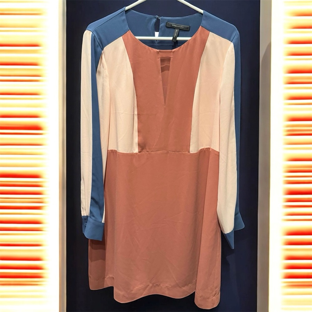 BCBG Pink Colorblock Tunic dress long sleeve LARGE Pit to pit 19in length 35in